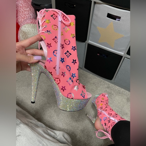Bejeweled Rhinestone Platform Ankle Boots- Pink - Picture 1 of 5